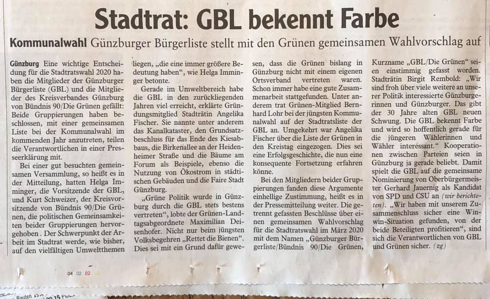 Zeitungsausschnitt vom 2. 7. 2019 Günzburger Zeitung :